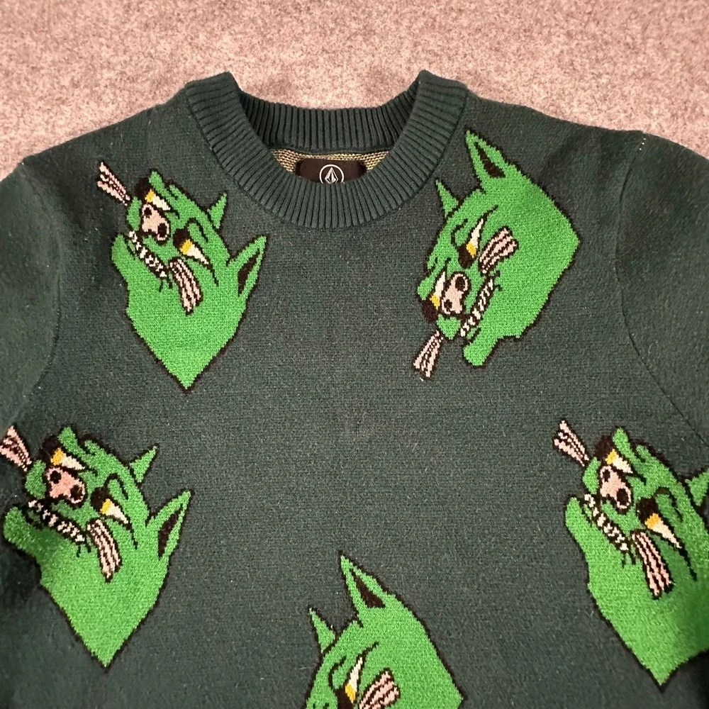 Volcom Knit Sweater XS Green Mens Graphic Wolf Print Christmas Winter Festive